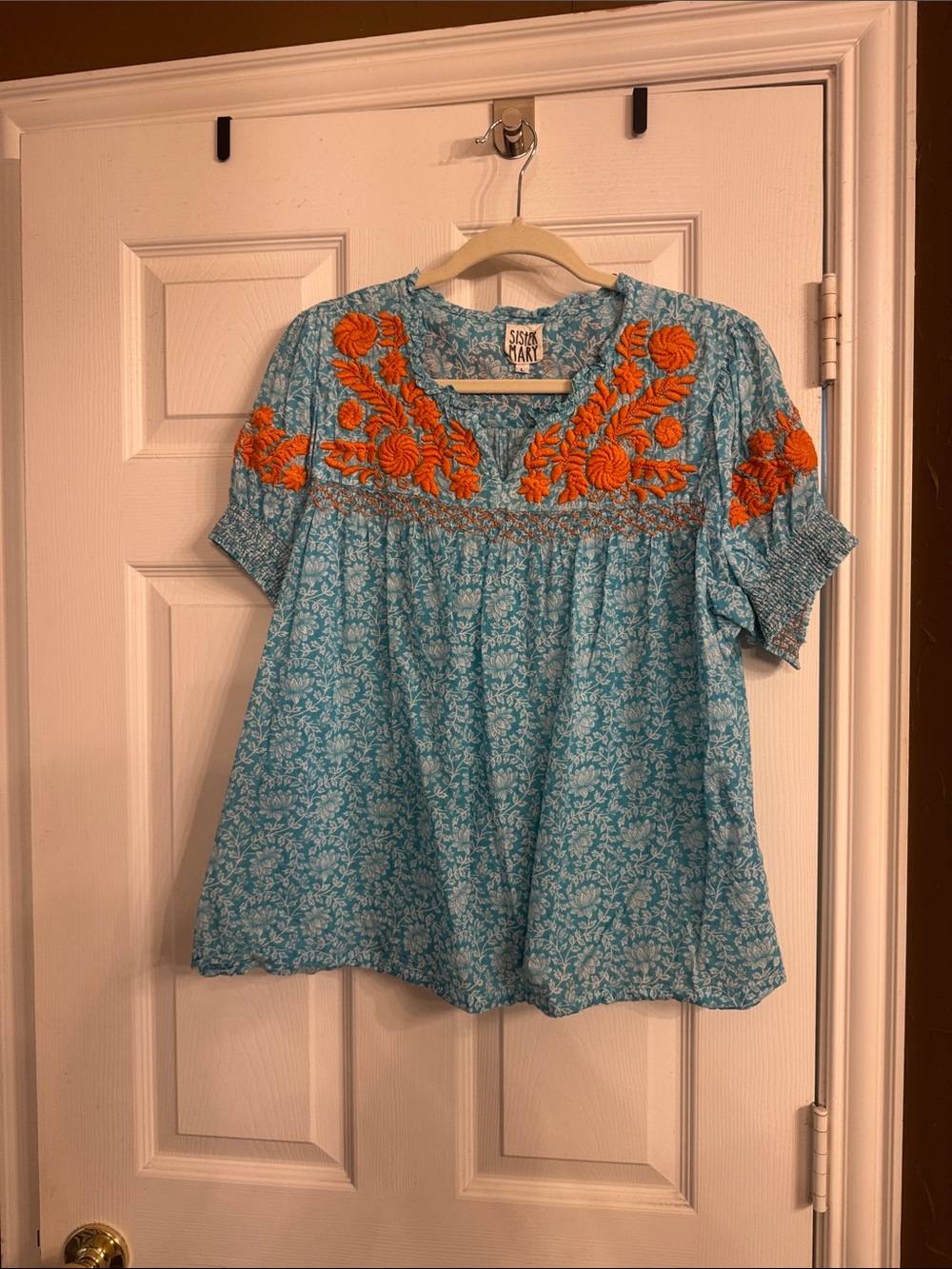 Sister Mary Blue Embroidered Peasant Top with Orange Floral Detail